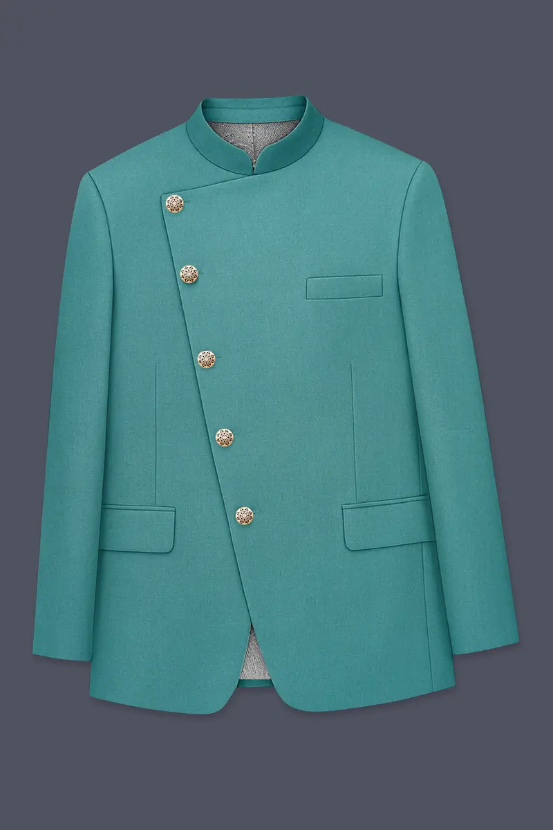 Travirid-Gothic Green Wool Rich Cross Placket Bandhgala Slight Stretch Suit 7