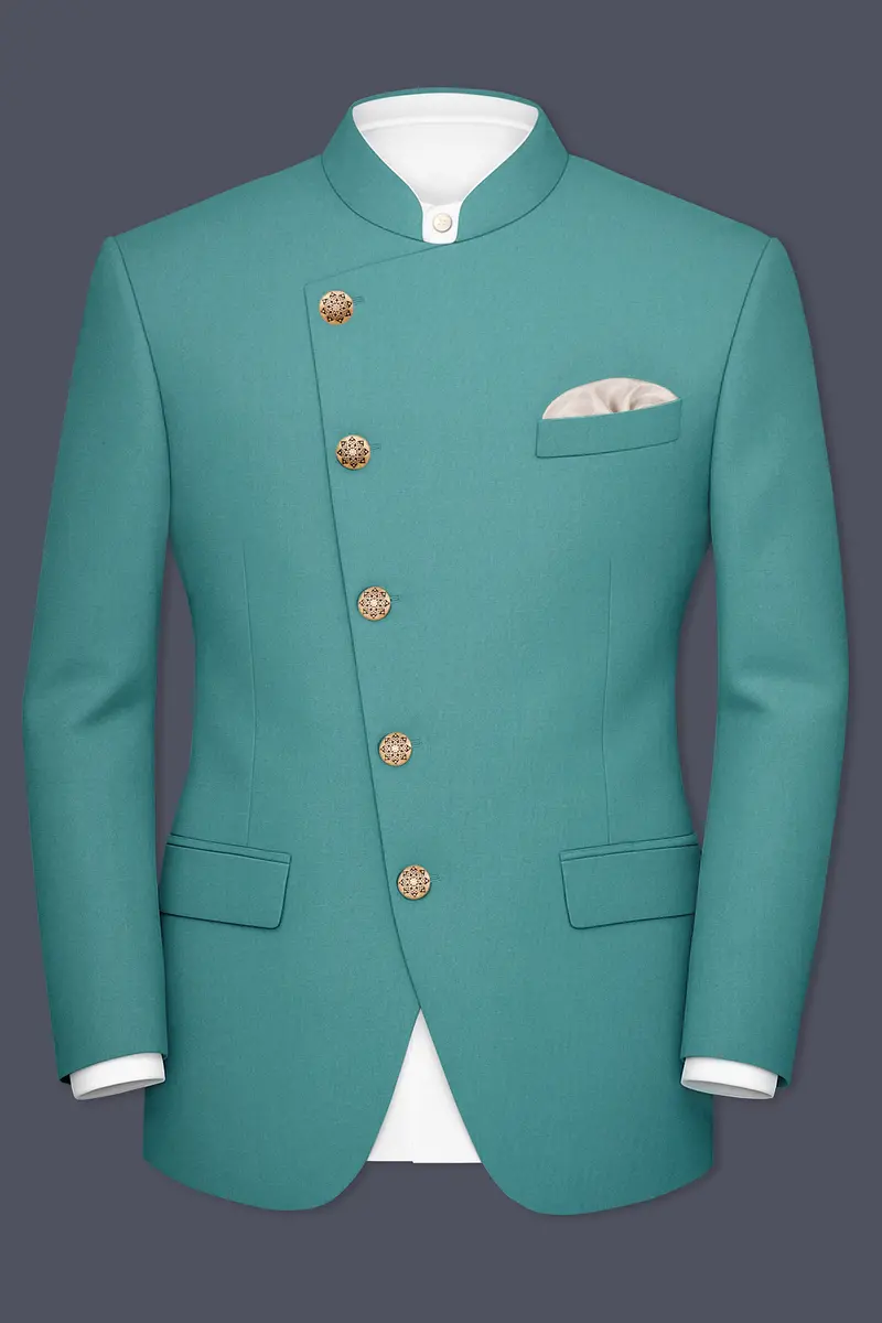 Travirid-Gothic Green Wool Rich Cross Placket Bandhgala Slight Stretch Suit 9