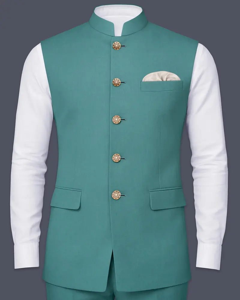 Travirid-Gothic Green Wool Rich Wool Rich Slight Stretch Nehru Jacket 1