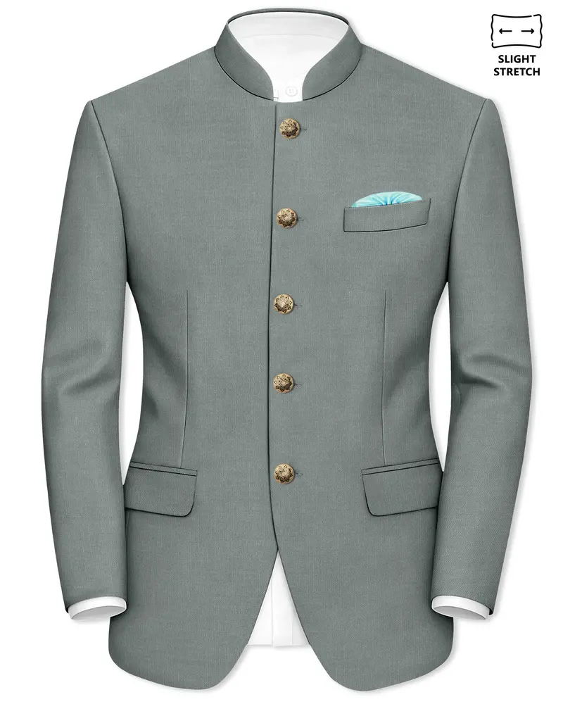 Travliam-William Green Wool Rich Bandhgala Slight Stretch Blazer 1