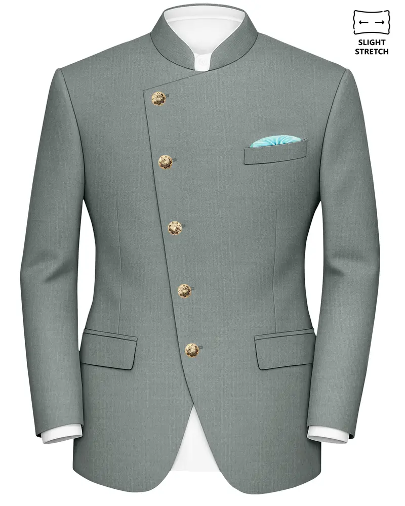 Travliam-William Green Wool Rich Cross Placket Bandhgala Slight Stretch Blazer 1