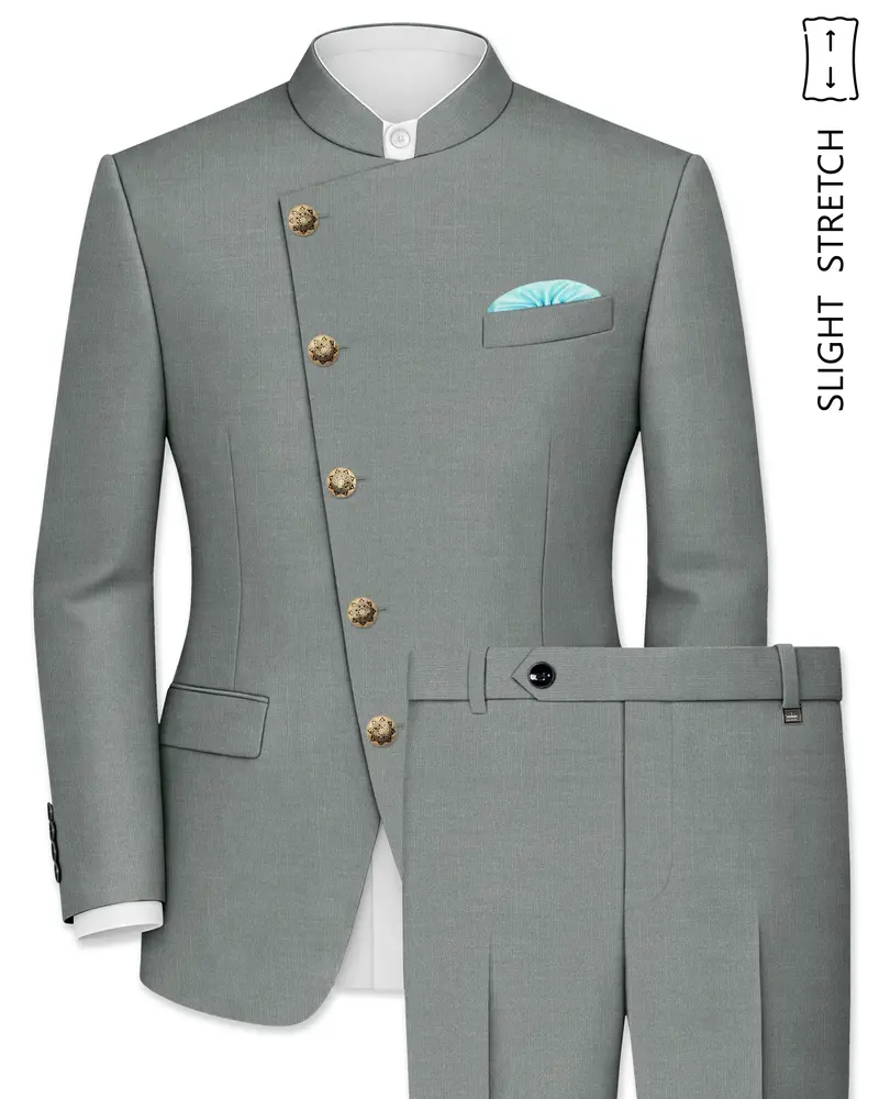 Travliam-William Green Wool Rich Cross Placket Bandhgala Slight Stretch Suit 1