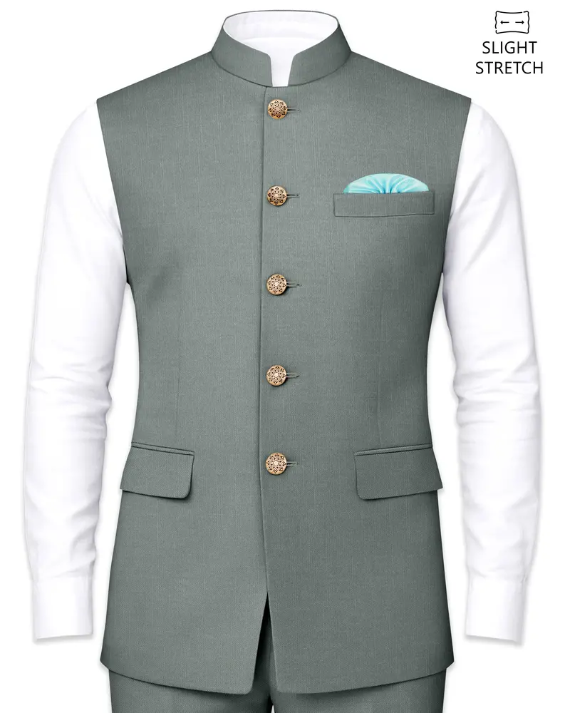 Travliam-William Green Wool Rich Wool Rich Slight Stretch Nehru Jacket 1