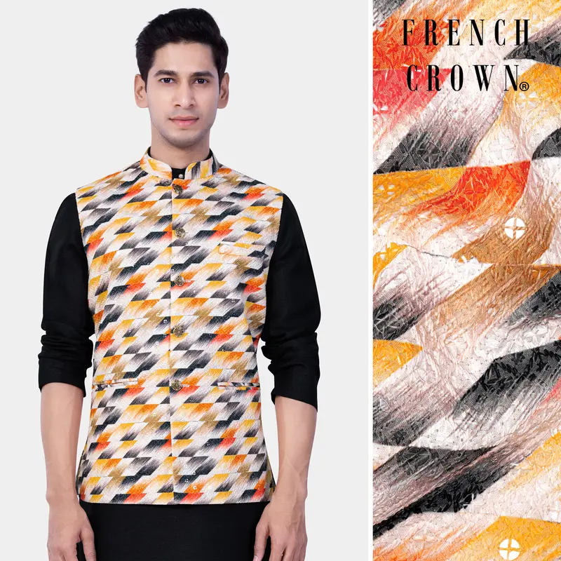 Tree Poppy Orange And Jade Black Multicolour Designer Thread Embroidered Nehru Jacket 1