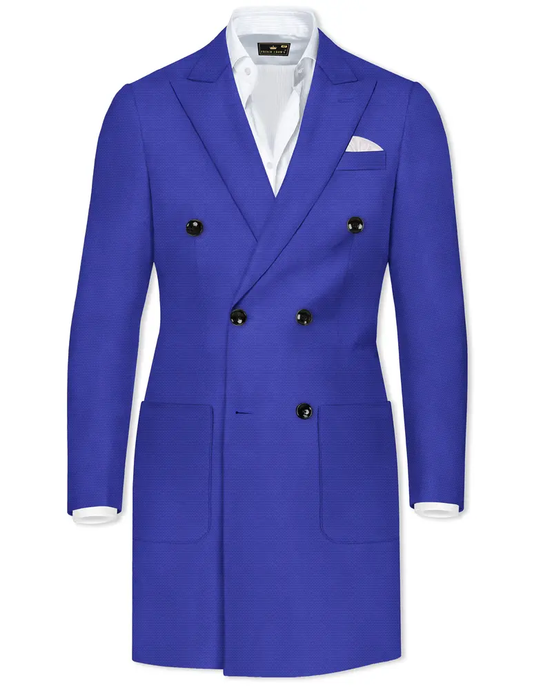 Trenchio-Catalina Blue Dobby Textured Wool Rich Double Breasted Overcoat 1