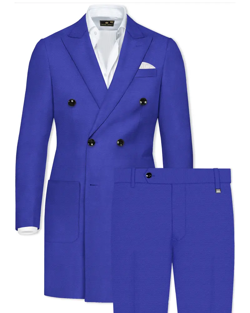 Trenchio-Catalina Blue Dobby Textured Wool Rich Double Breasted Overcoat With Pant 1