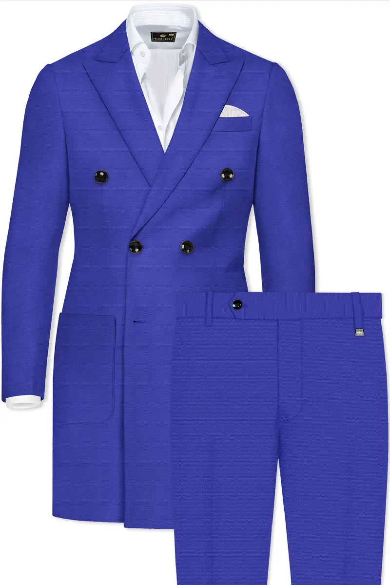 Trenchio-Catalina Blue Dobby Textured Wool Rich Double Breasted Overcoat With Pant 2