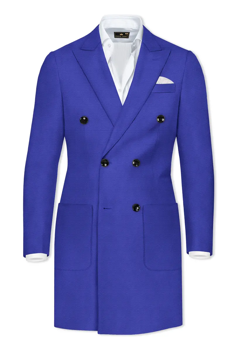 Trenchio-Catalina Blue Dobby Textured Wool Rich Double Breasted Overcoat With Pant 6