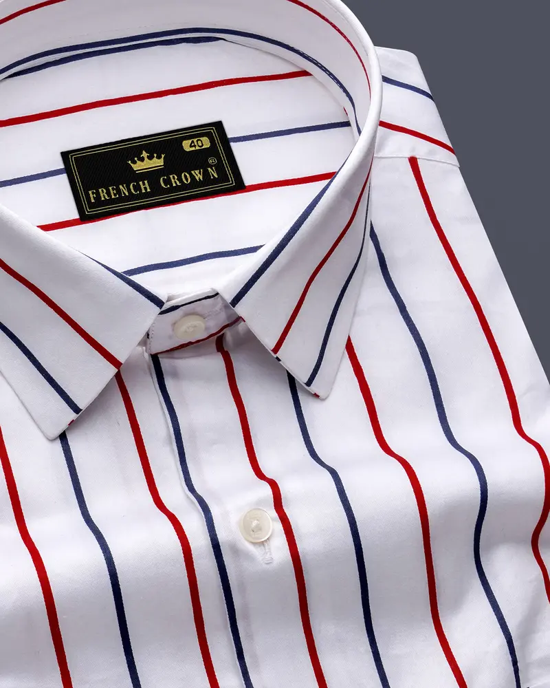 Triastra-Bright White And Crimson Red With Bunting Blue Striped Subtle Sheen Super Soft Premium Semi Formal Dress Shirt 1