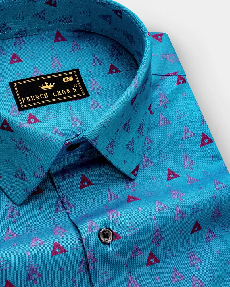 Trifold-Curious Blue Triangle Printed Jacquard Textured Premium Cotton Dress Shirt 1
