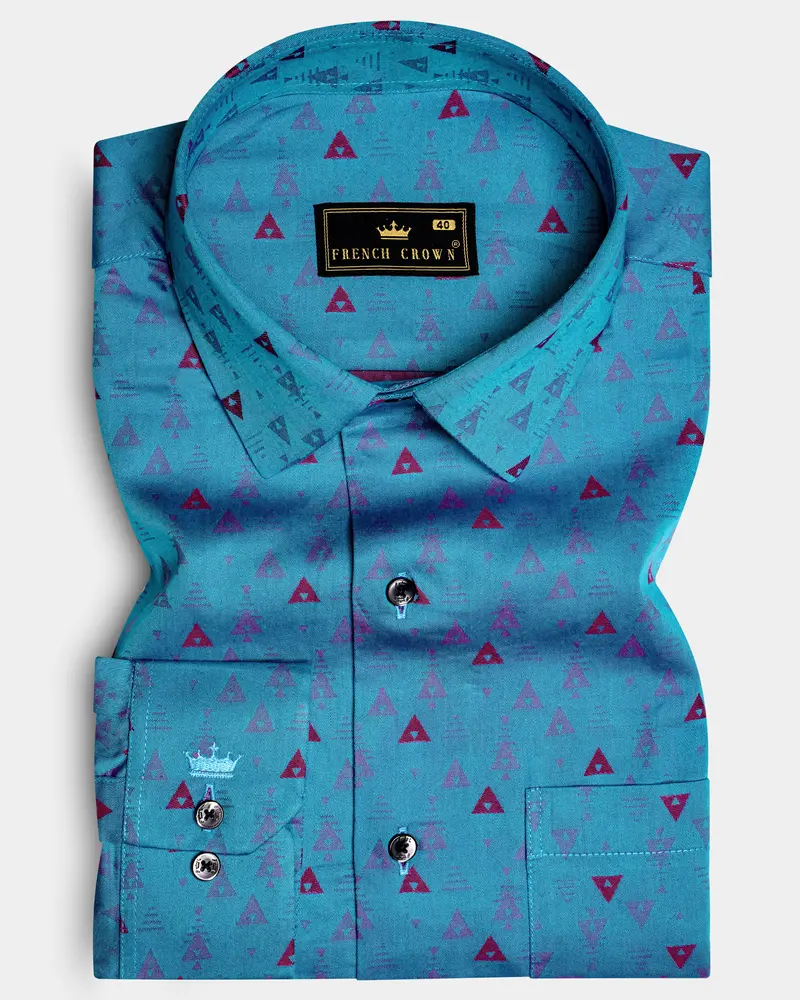 Trifold-Curious Blue Triangle Printed Jacquard Textured Premium Cotton Dress Shirt 10