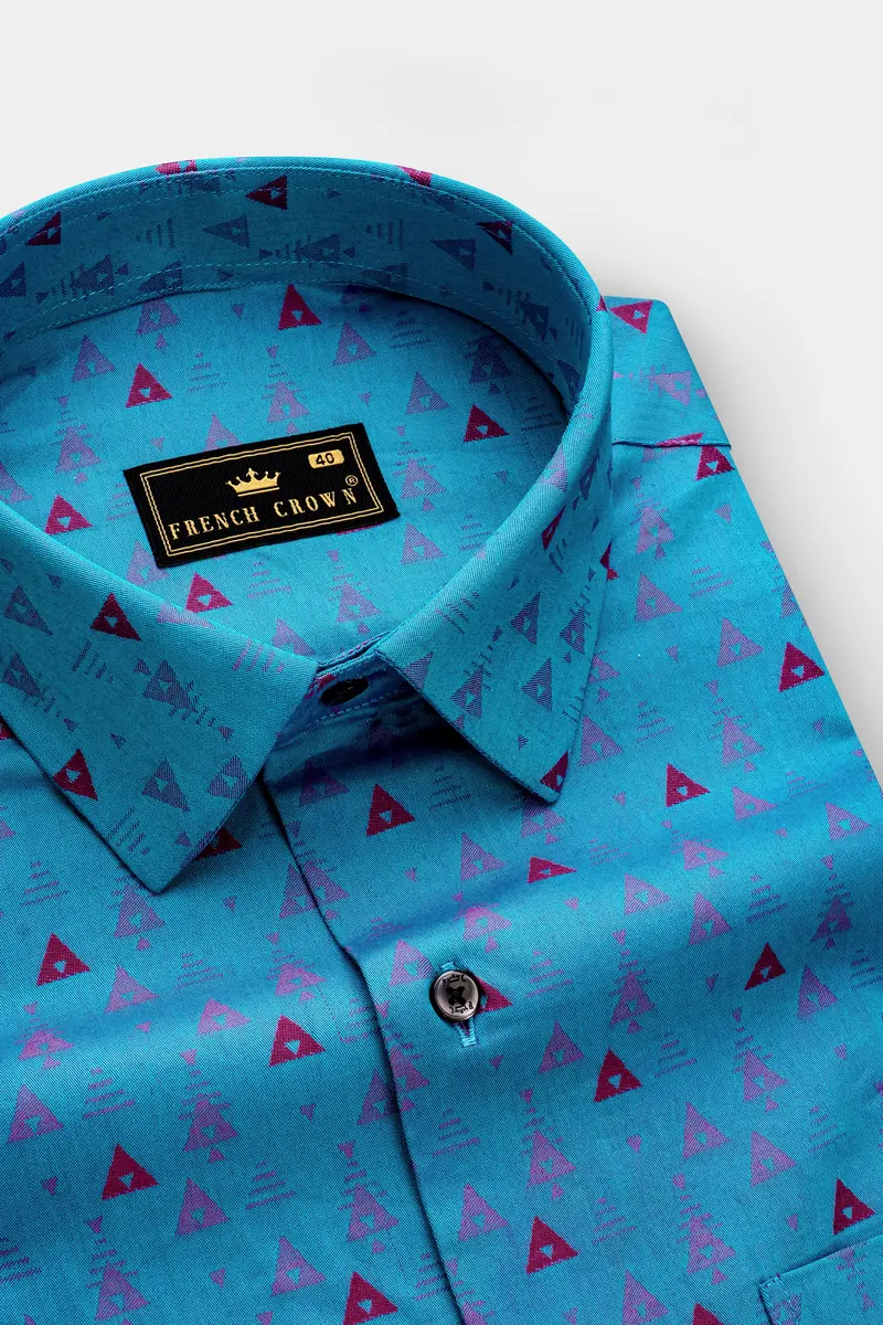 Trifold-Curious Blue Triangle Printed Jacquard Textured Premium Cotton Dress Shirt 2