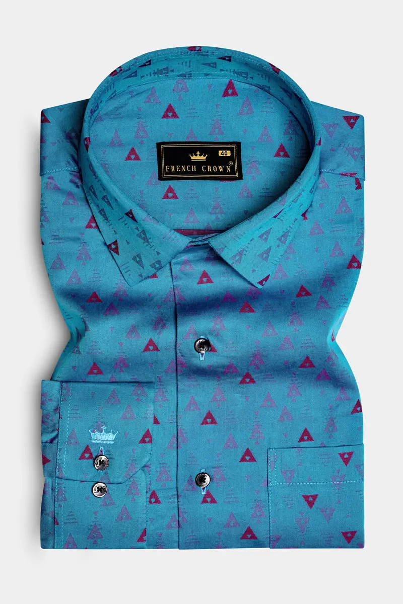 Trifold-Curious Blue Triangle Printed Jacquard Textured Premium Cotton Dress Shirt 4