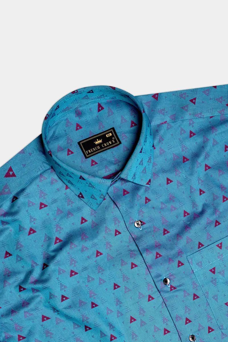 Trifold-Curious Blue Triangle Printed Jacquard Textured Premium Cotton Dress Shirt 5