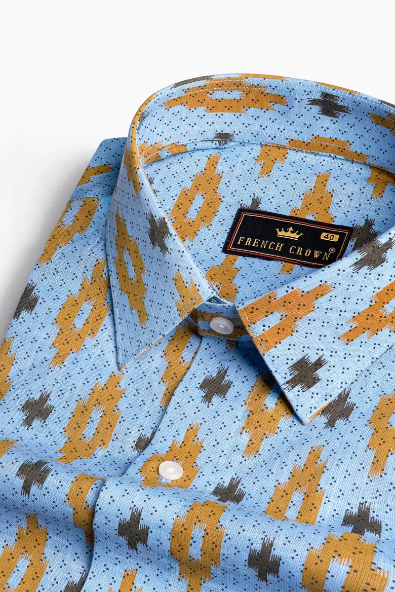 Tropical Blue And Copper Brown Ikat Printed Chambray Shirt 1
