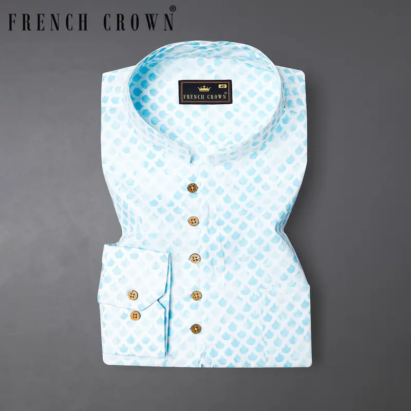 Tropical Blue And White Scalloped Pattern Printed Premium Cotton Kurta Shirt 1