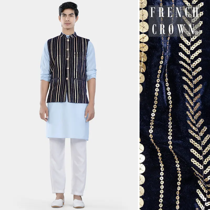 Tropical Blue Kurta Set With Stratos Blue Vertical Sequin Embroidered Designer Nehru Jacket 1
