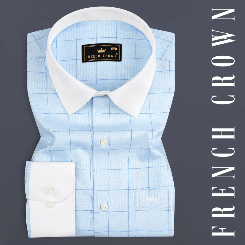Tropical Blue Plaid Dobby Textured Premium Cotton Shirt 1