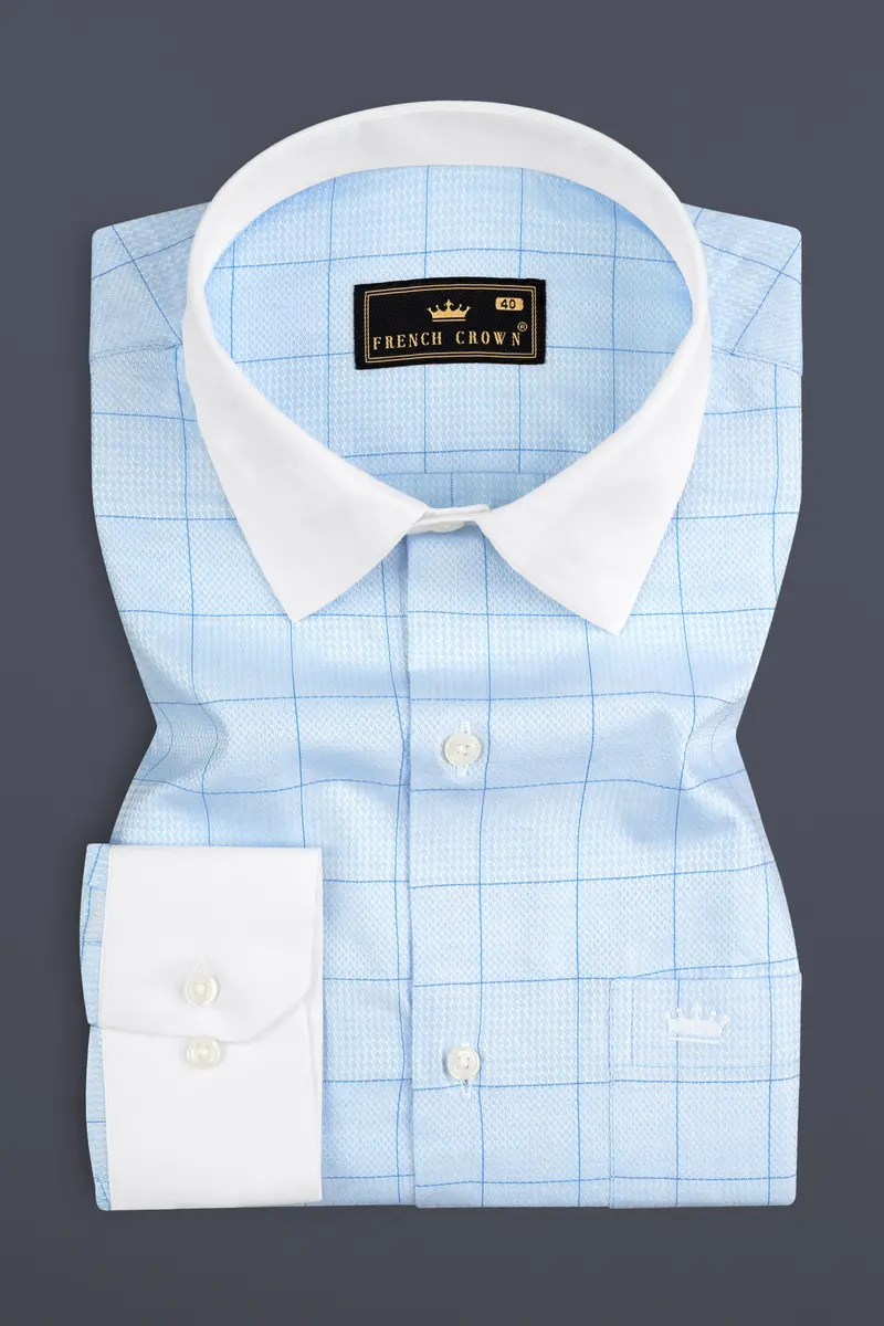 Tropical Blue Plaid Dobby Textured Premium Cotton Shirt 2