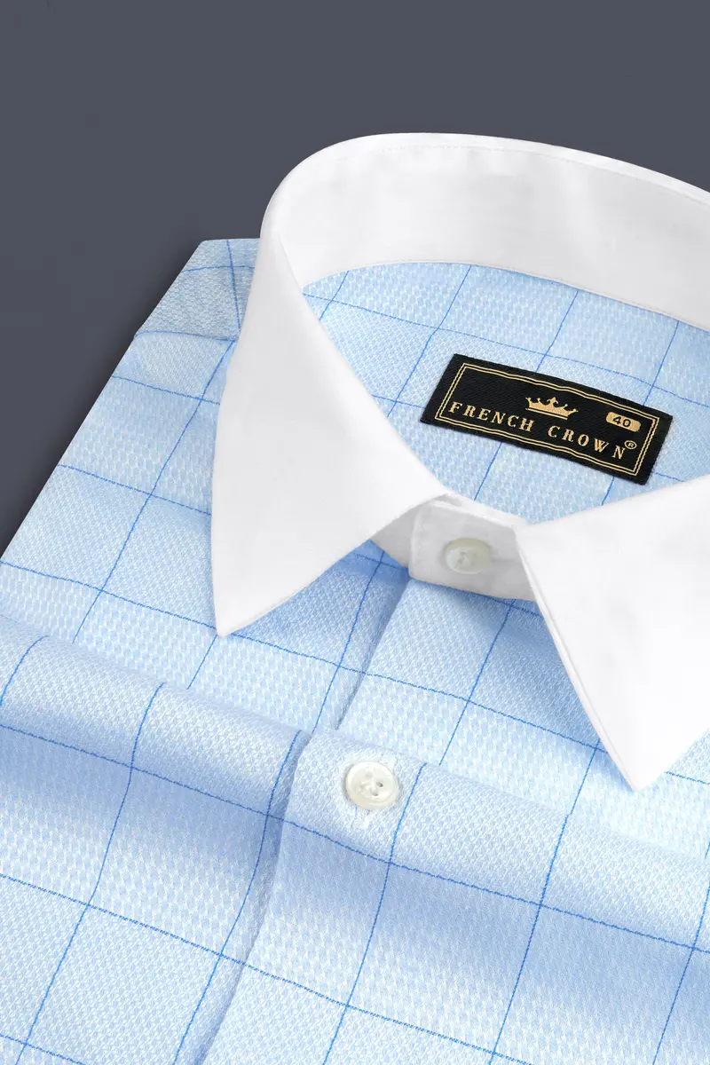 Tropical Blue Plaid Dobby Textured Premium Cotton Shirt 4