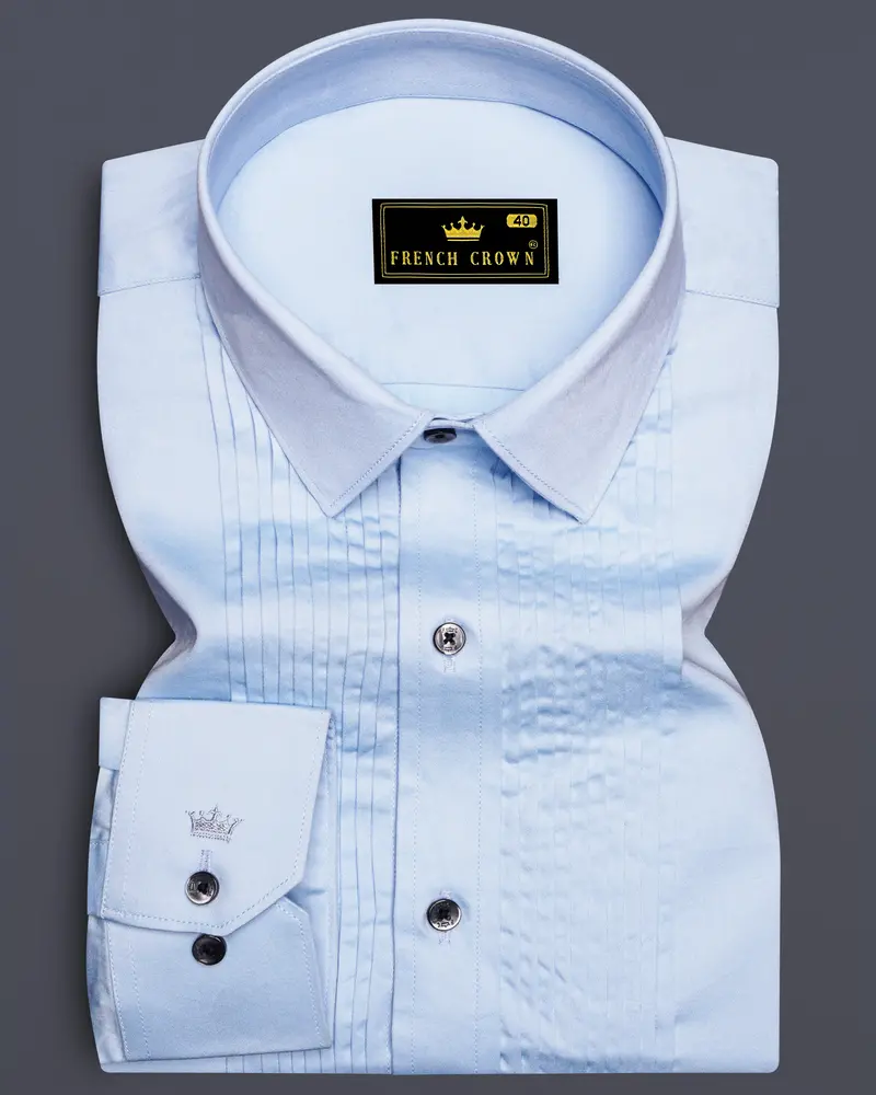 Tropical Blue Subtle Sheen Snake Pleated Super Soft Premium Cotton Tuxedo Shirt 1