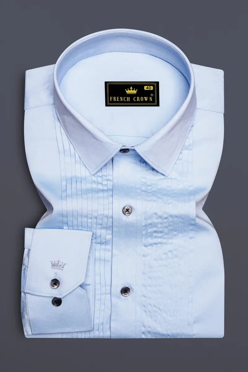Tropical Blue Subtle Sheen Snake Pleated Super Soft Premium Cotton Tuxedo Shirt 2