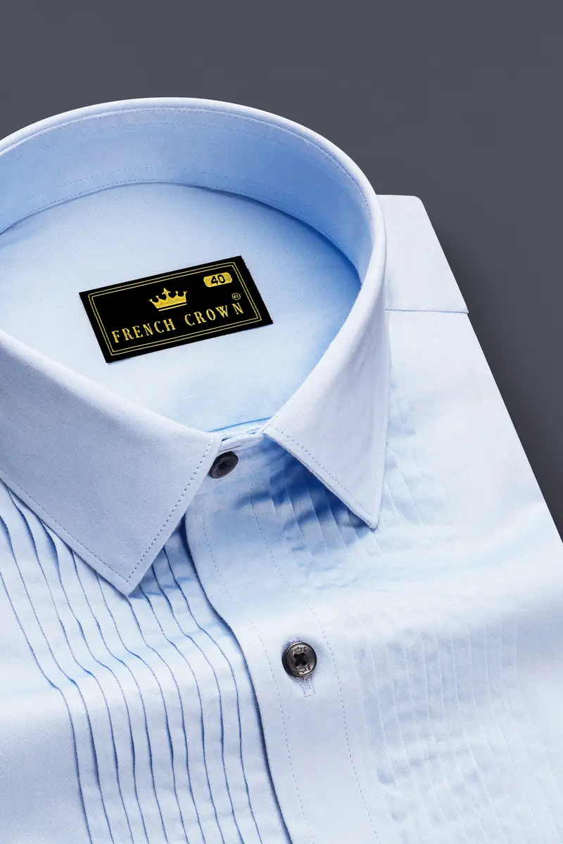 Tropical Blue Subtle Sheen Snake Pleated Super Soft Premium Cotton Tuxedo Shirt 4