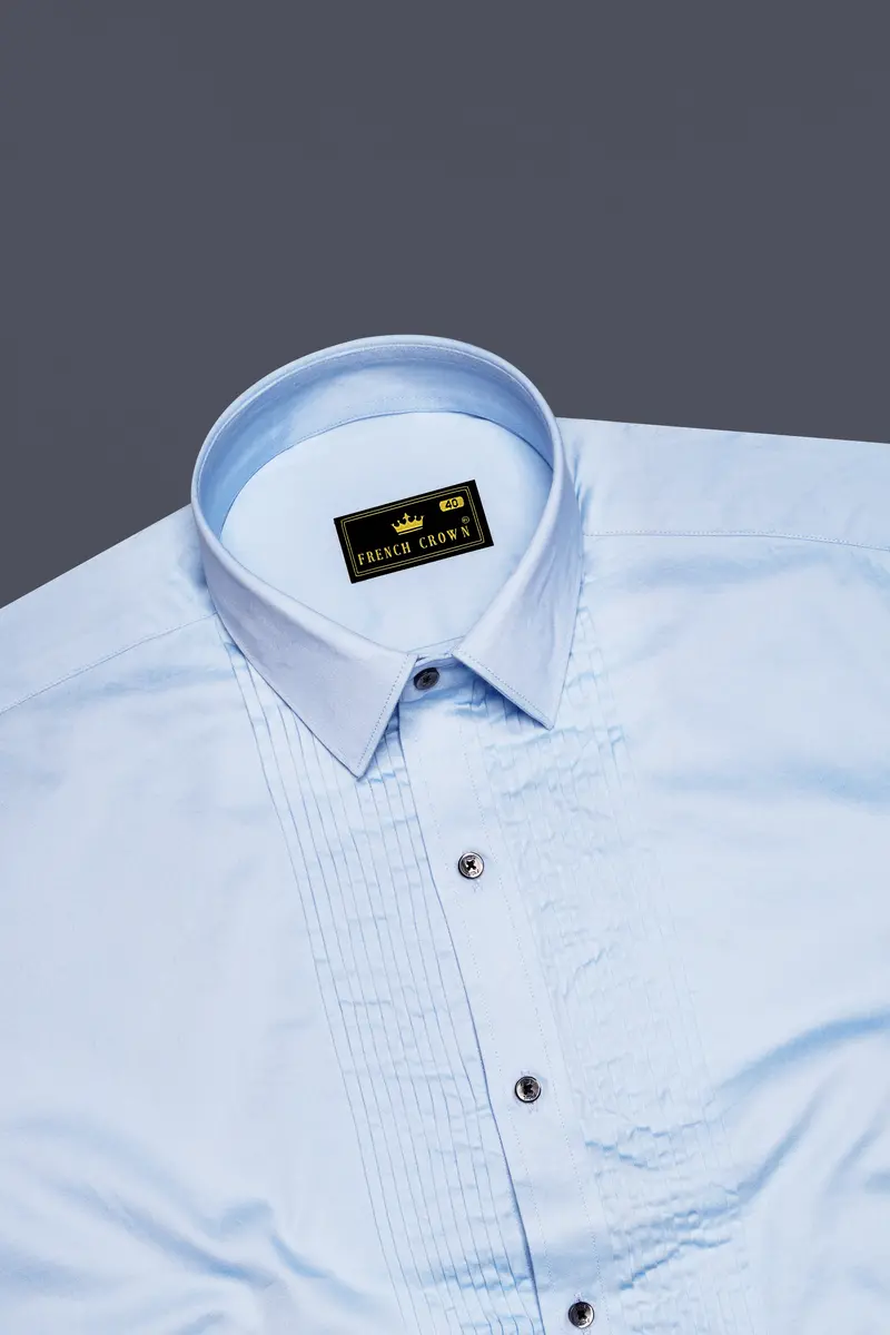 Tropical Blue Subtle Sheen Snake Pleated Super Soft Premium Cotton Tuxedo Shirt 5