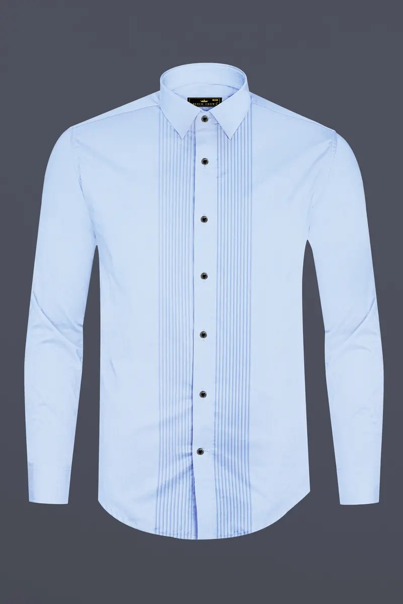 Tropical Blue Subtle Sheen Snake Pleated Super Soft Premium Cotton Tuxedo Shirt 6