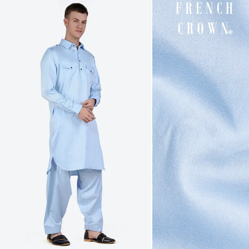 Tropical Blue Subtle Sheen Super Soft Premium Cotton Pathani Set 1