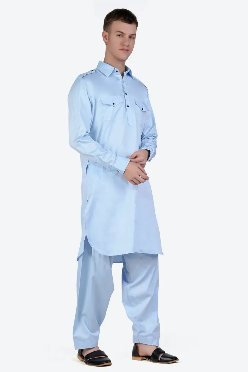 Tropical Blue Subtle Sheen Super Soft Premium Cotton Pathani Set 2