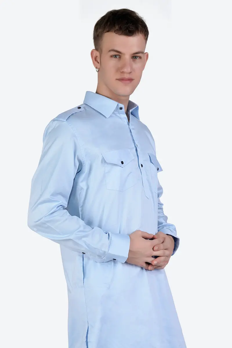 Tropical Blue Subtle Sheen Super Soft Premium Cotton Pathani Set 4