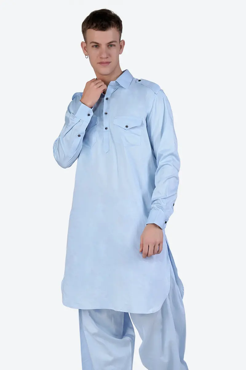 Tropical Blue Subtle Sheen Super Soft Premium Cotton Pathani Set 5