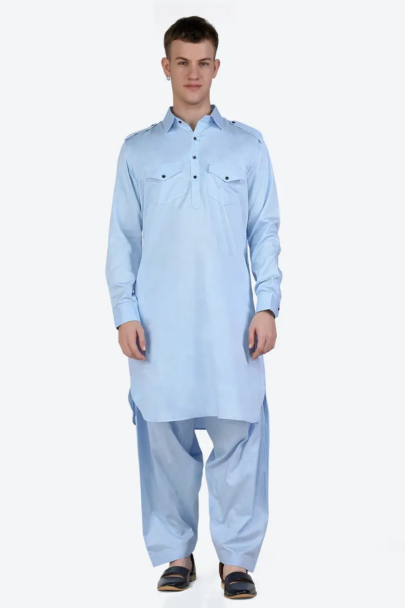 Tropical Blue Subtle Sheen Super Soft Premium Cotton Pathani Set 6