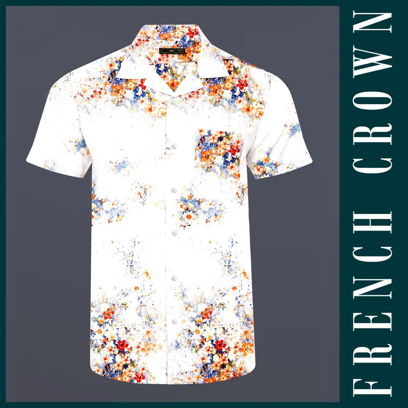 Tropical Fizz-Bright White And Faded Orange Printed Subtle Sheen Super Soft Premium Cotton Casual Shirt 1