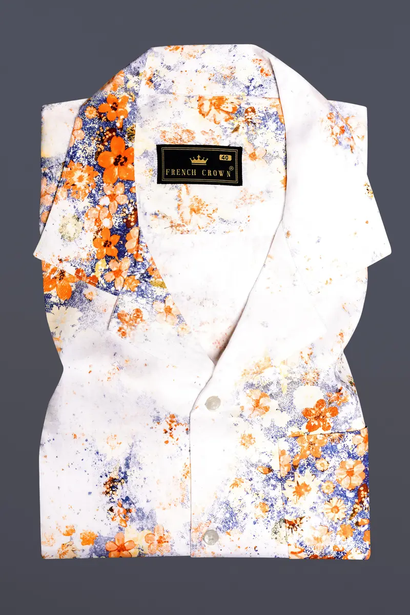 Tropical Fizz-Bright White And Faded Orange Printed Subtle Sheen Super Soft Premium Cotton Casual Shirt 5