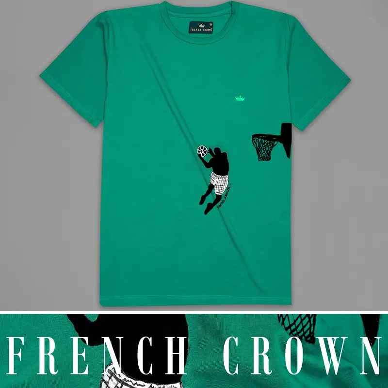 Tropical Green With Basketball Hand Painted Premium Cotton T-Shirt 1