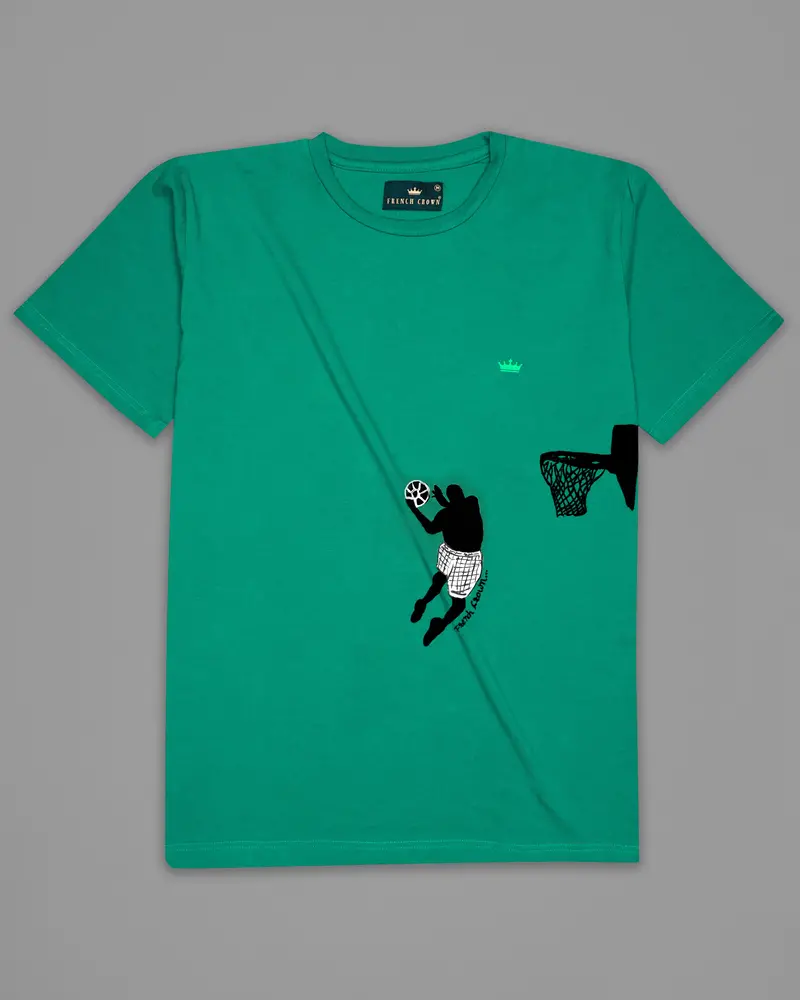 Tropical Green With Basketball Hand Painted Premium Cotton T-Shirt 2