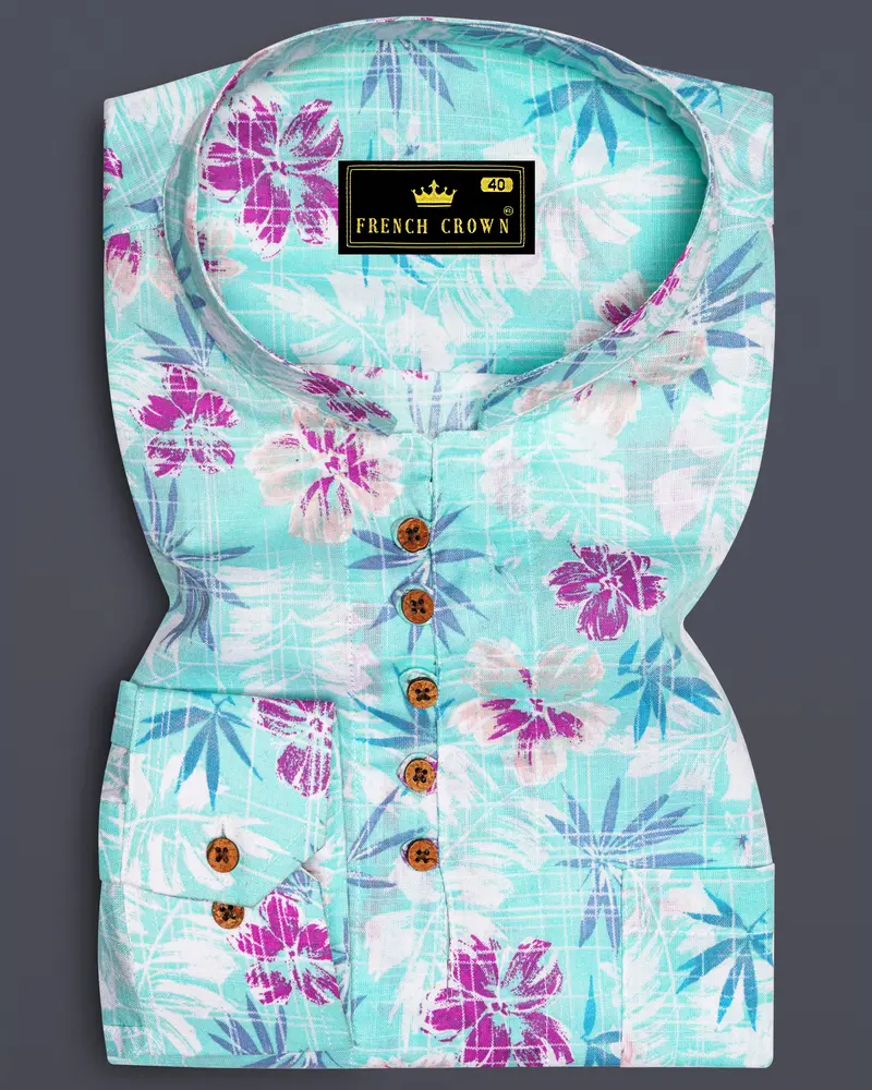 Tropivell-Tiffany Blue And Plum Pink Tropical Breeze Printed Luxurious Linen Casual Shirt 1