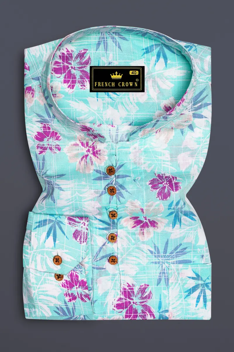 Tropivell-Tiffany Blue And Plum Pink Tropical Breeze Printed Luxurious Linen Casual Shirt 2