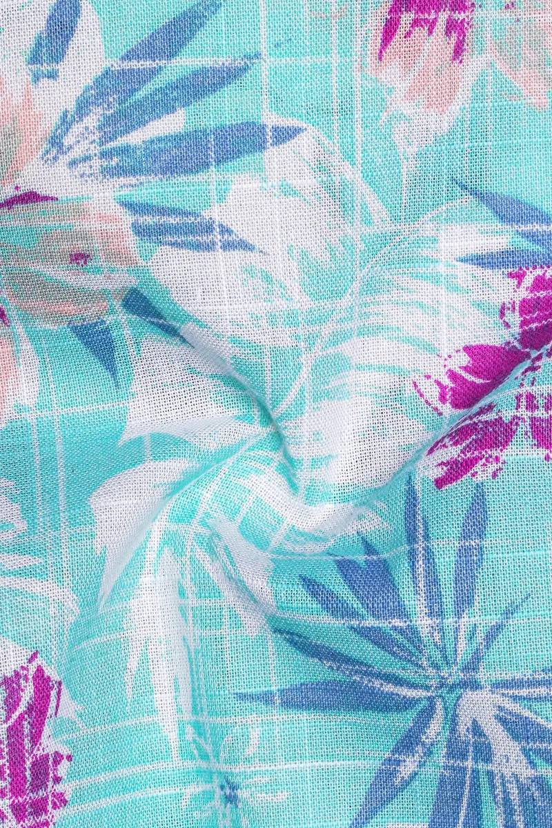 Tropivell-Tiffany Blue And Plum Pink Tropical Breeze Printed Luxurious Linen Casual Shirt 3