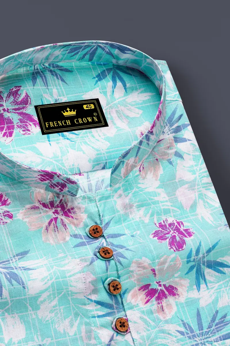 Tropivell-Tiffany Blue And Plum Pink Tropical Breeze Printed Luxurious Linen Casual Shirt 4