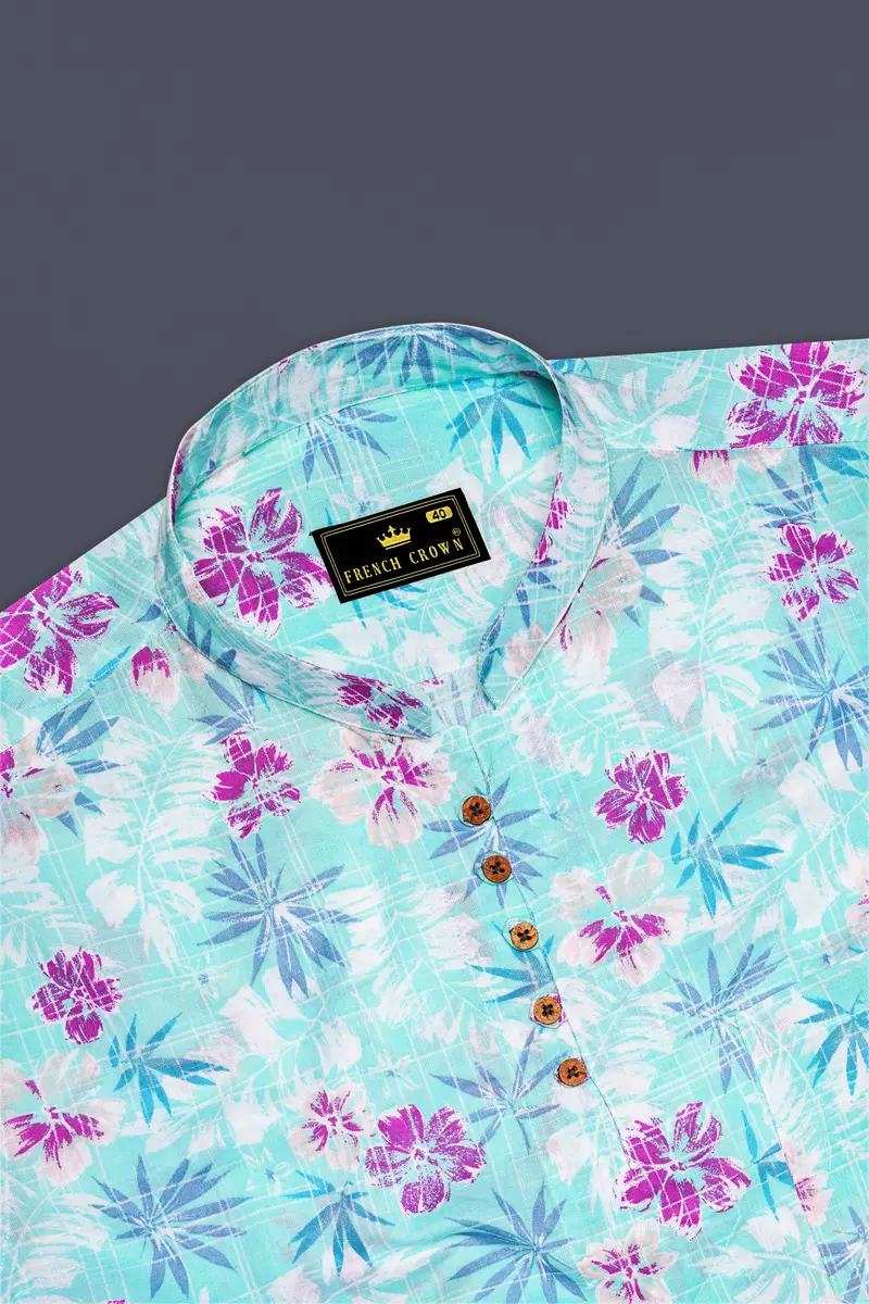 Tropivell-Tiffany Blue And Plum Pink Tropical Breeze Printed Luxurious Linen Casual Shirt 5