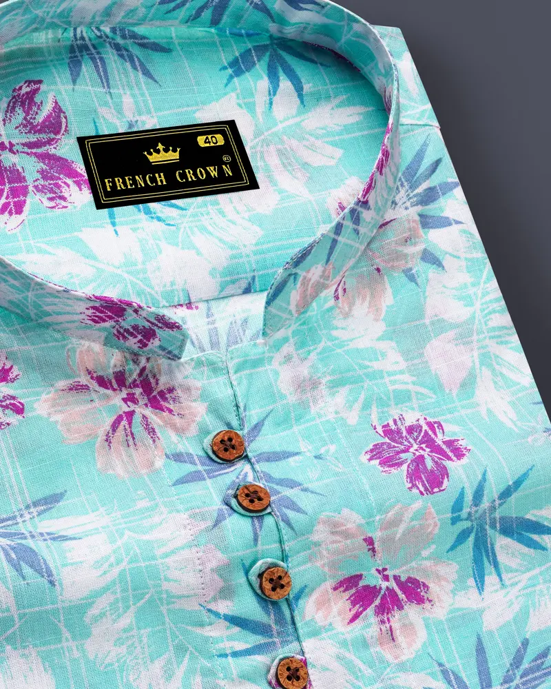 Tropivell-Tiffany Blue And Plum Pink Tropical Breeze Printed Luxurious Linen Casual Shirt 6