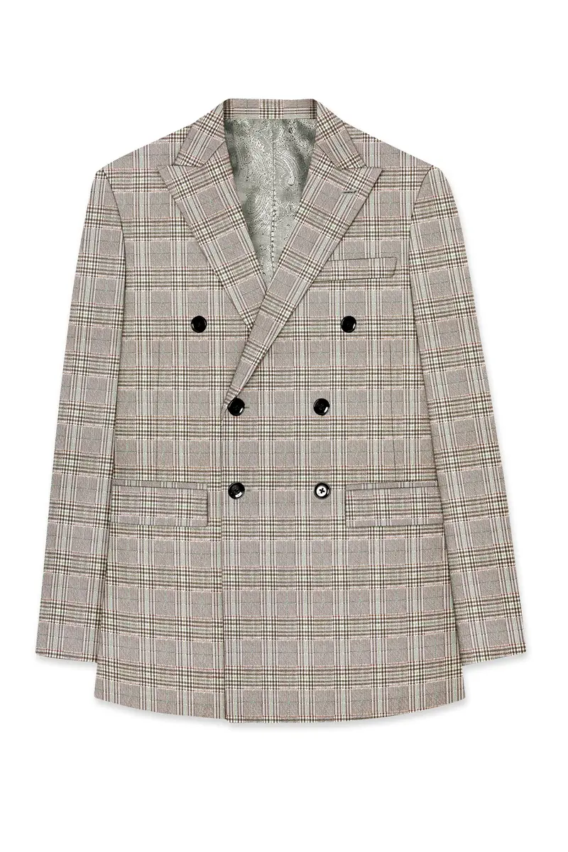 Truffle-Cafe Noir Brown Plaid Wool Rich Double Breasted Blazer 7