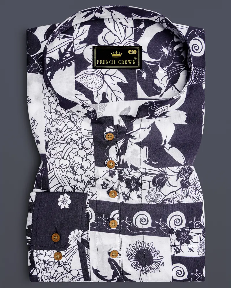 Tuatara Gray And White Floral Printed Twill Premium Cotton Kurta Shirt 1