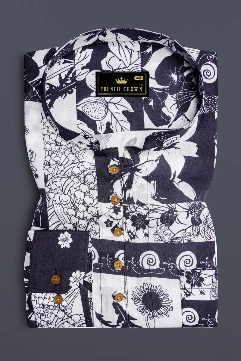 Tuatara Gray And White Floral Printed Twill Premium Cotton Kurta Shirt 2