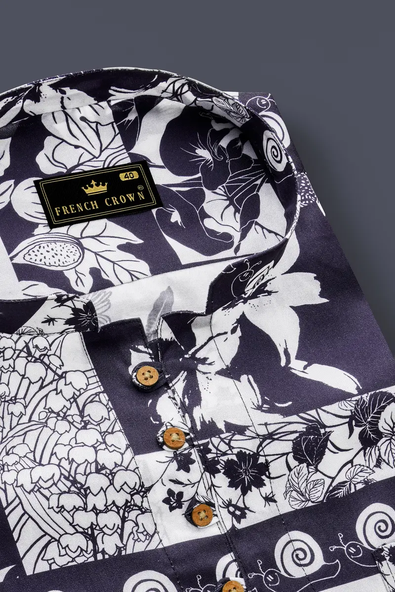 Tuatara Gray And White Floral Printed Twill Premium Cotton Kurta Shirt 4