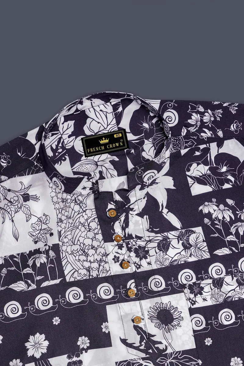 Tuatara Gray And White Floral Printed Twill Premium Cotton Kurta Shirt 5