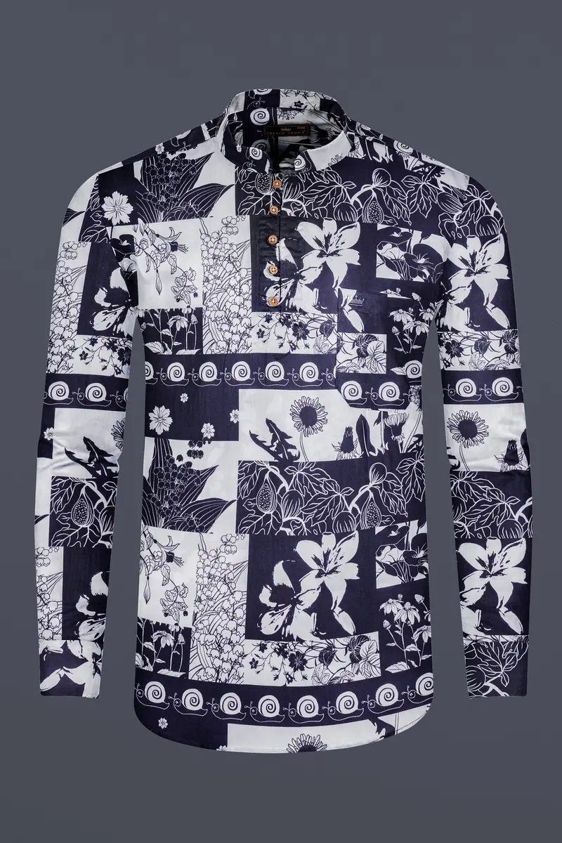 Tuatara Gray And White Floral Printed Twill Premium Cotton Kurta Shirt 6